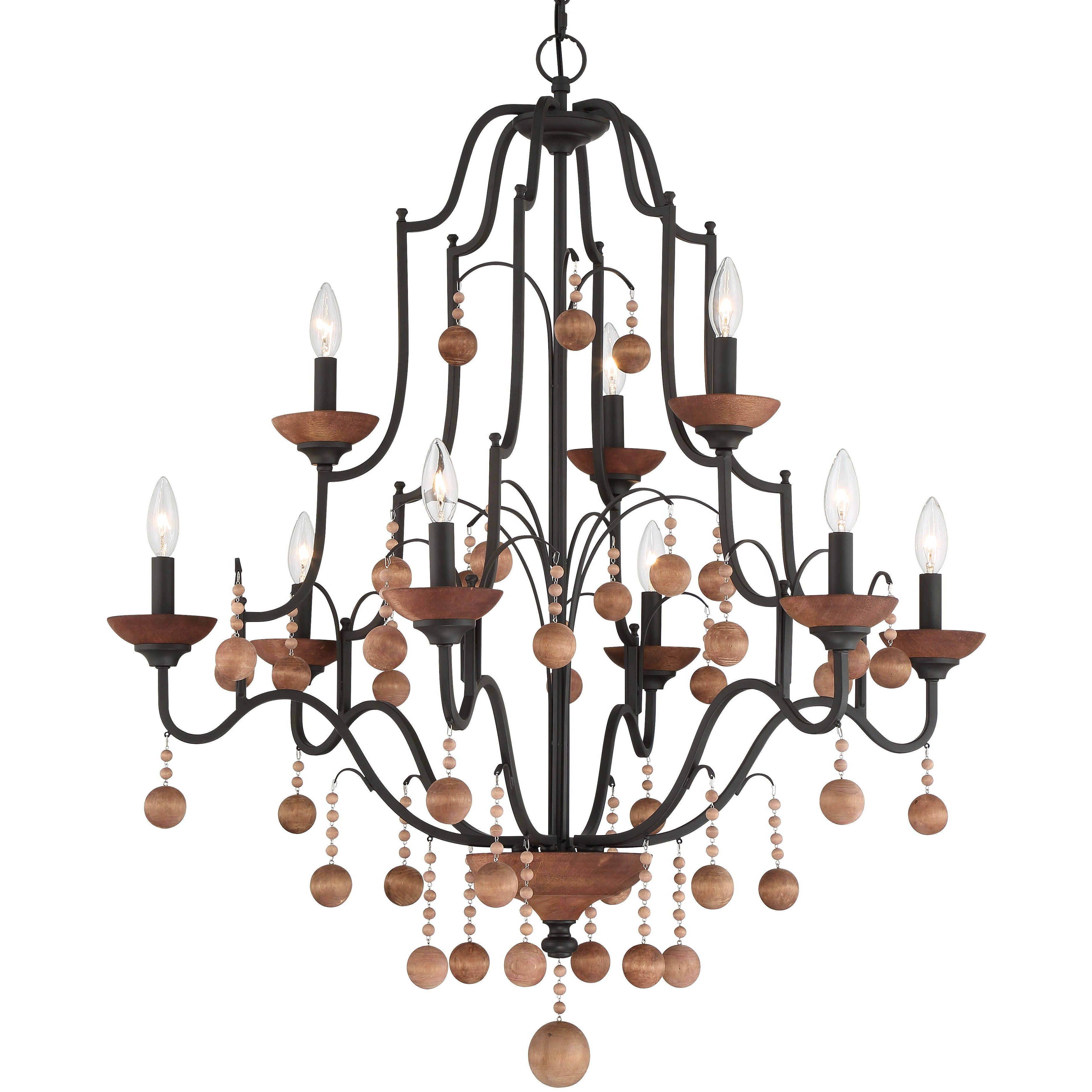 Colonial Charm 9 Light 33 inch Old World Bronze/Walnut Accents Chandelier Ceiling Light